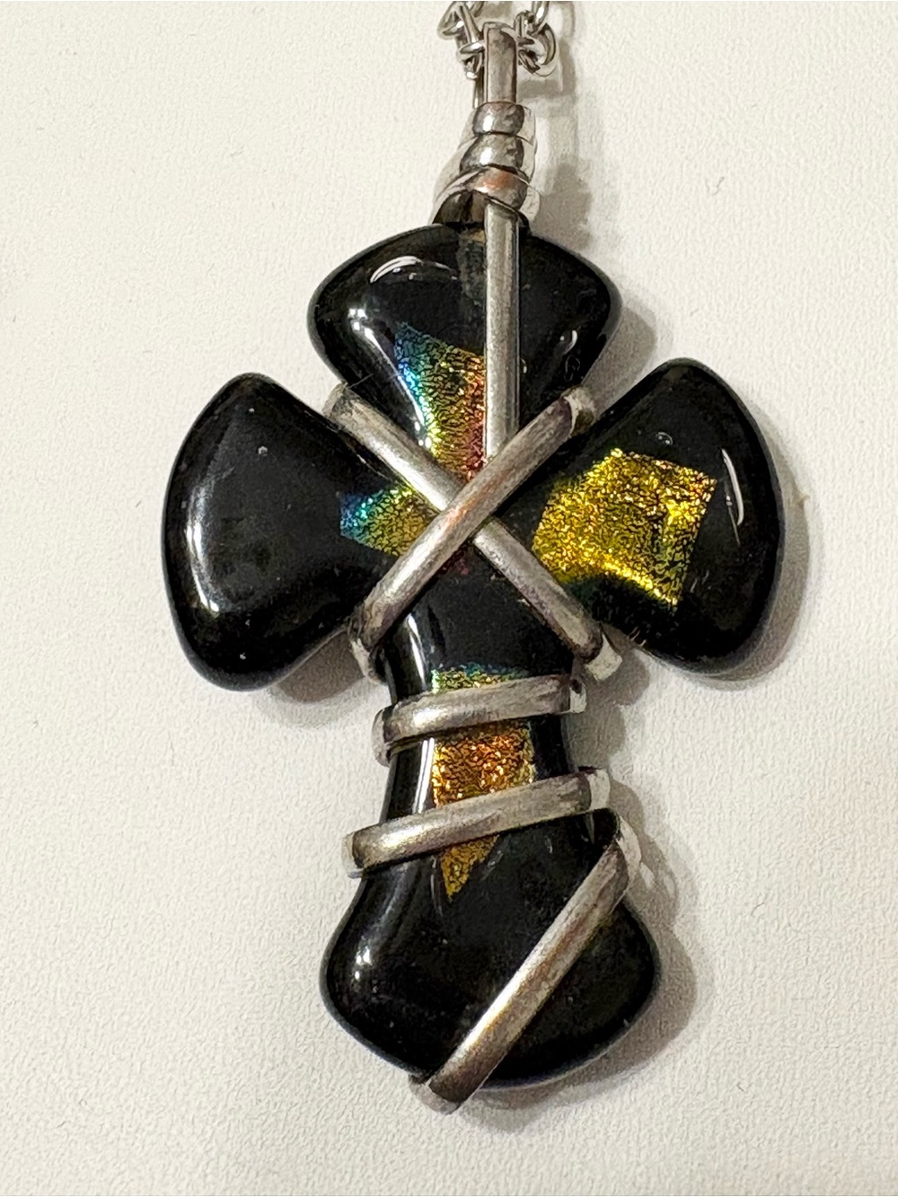 Black Dichroic Glass Wire Wrapped  2” Cross Pendant  28” chain